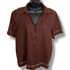 Vintage Large Classic Elements Brown Linen Blend Short Sleeve Button Up Top